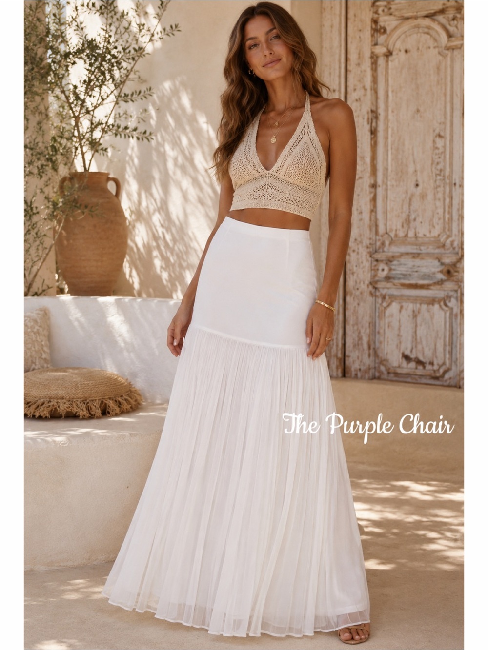 SHOWPO. NWT Ivory Chiffon Pleated Drop Waist Maxi Skirt 8